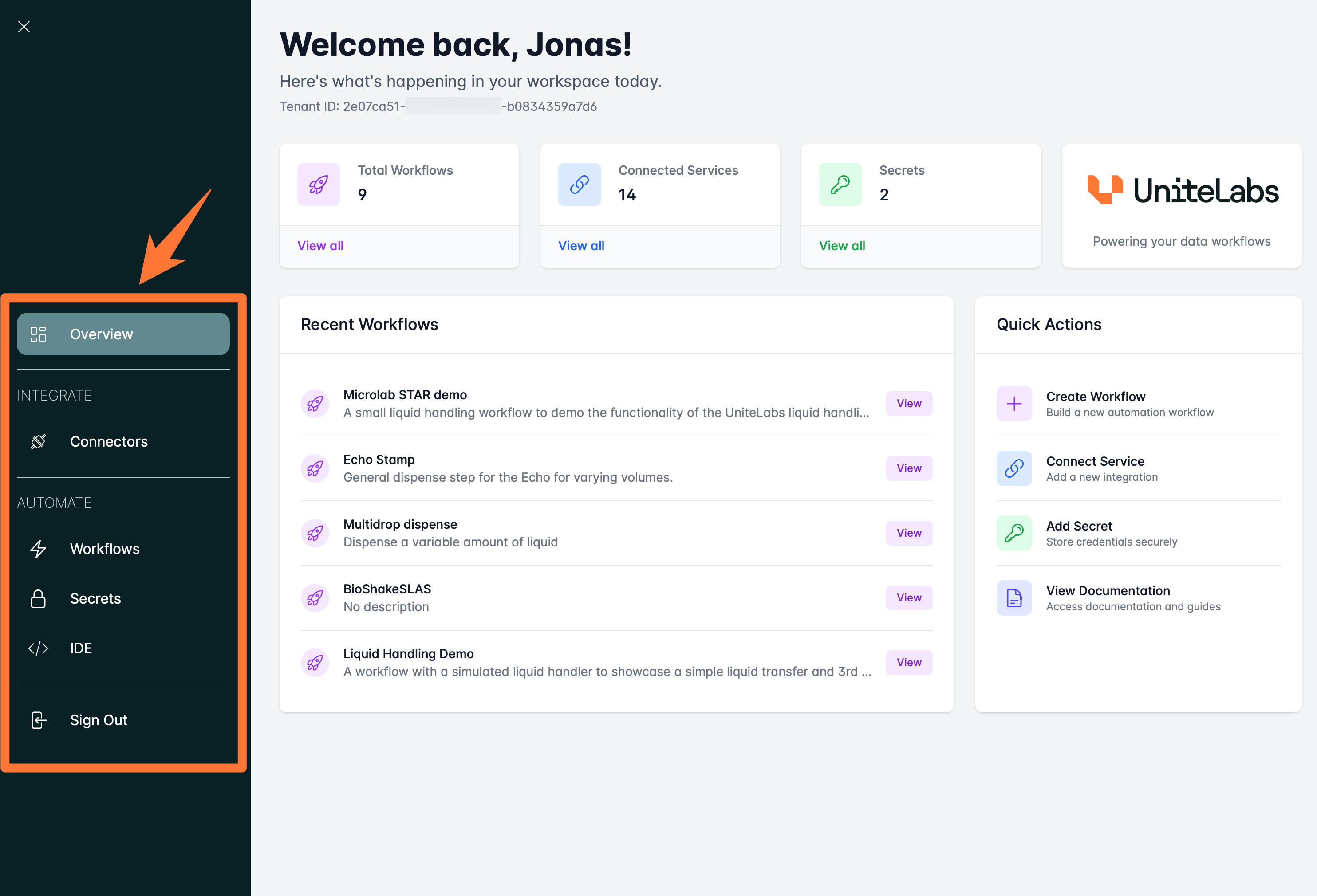UniteLabs Platform Navigation