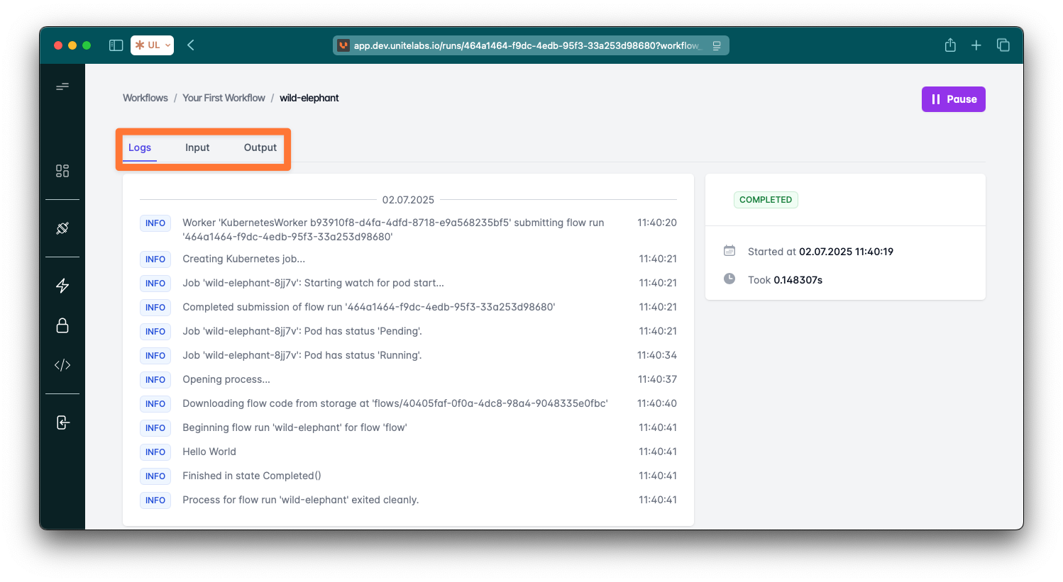 Screenshot: Run Workflow