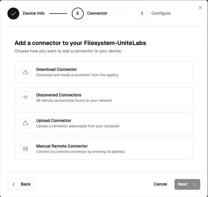 Connector selection modes in the Add Device dialog