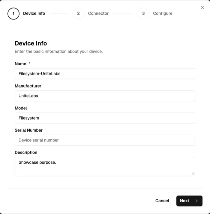 Add Device dialog with device metadata