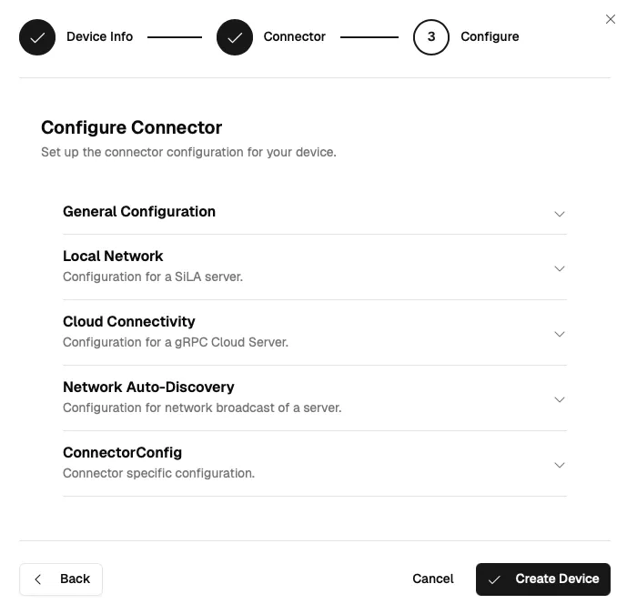 Connector configuration form with collapsible sections