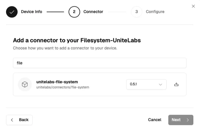 Connector registry catalogue with version picker and download button