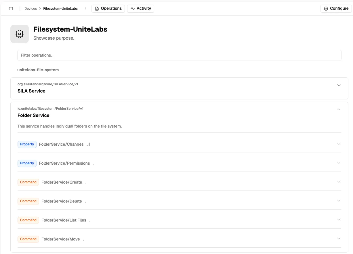 Operations tab with an expanded module showing properties and commands
