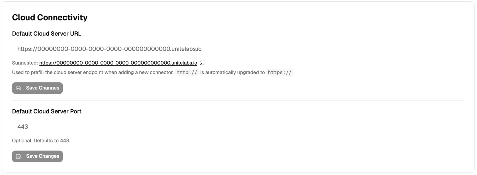 Cloud Connectivity settings with the suggested cloud server URL and port 443
