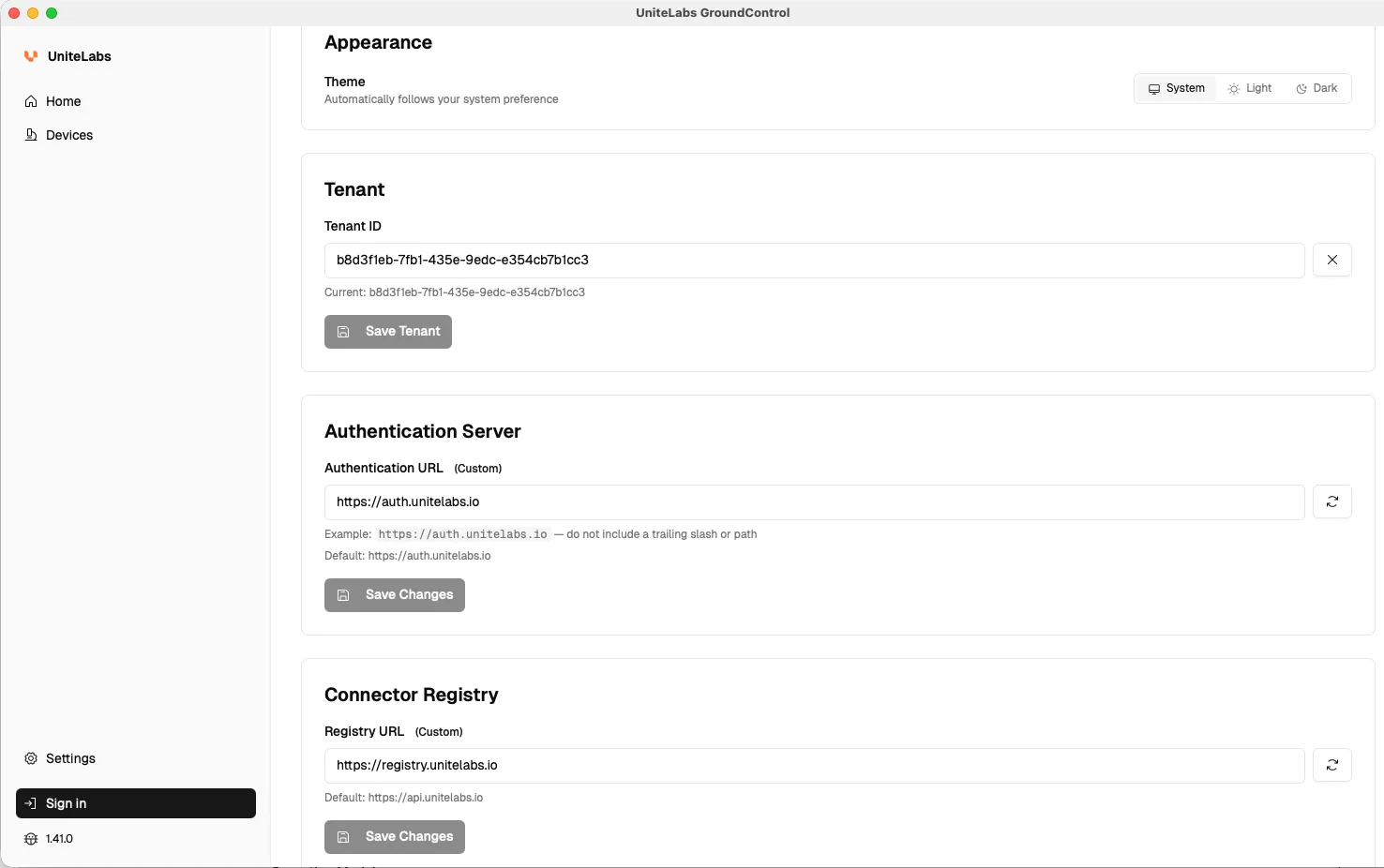 GroundControl settings with tenant, authentication server, and connector registry