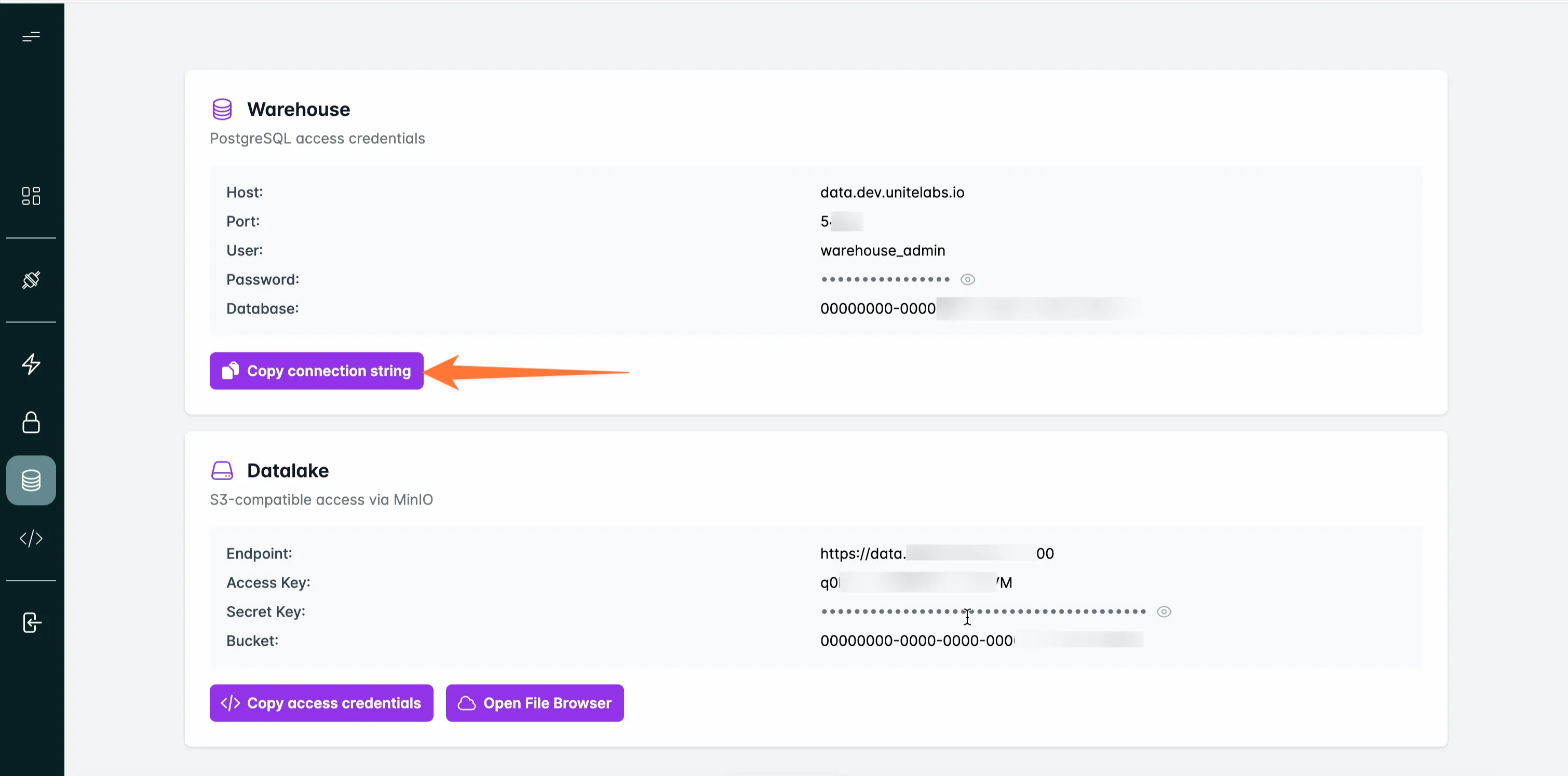 Copy the warehouse connection string