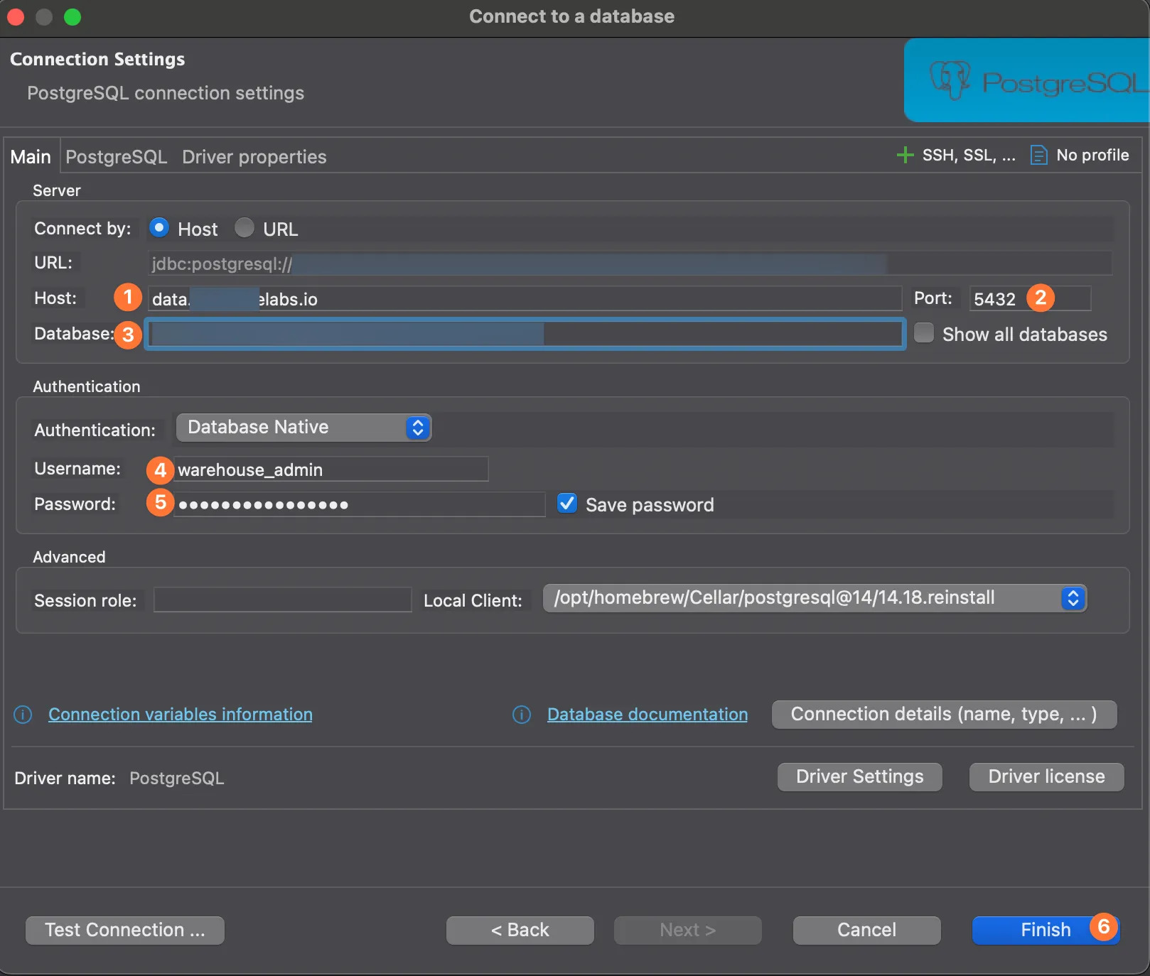 PostgreSQL connection settings in DBeaver
