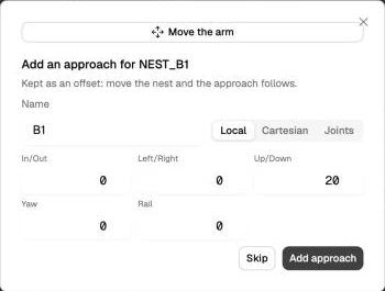 The Add an approach dialog with a 20 mm Up/Down offset in the Local frame
