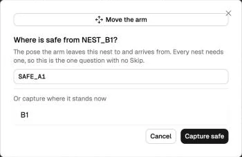 The safe point step: pick SAFE_A1 or capture where the arm stands now