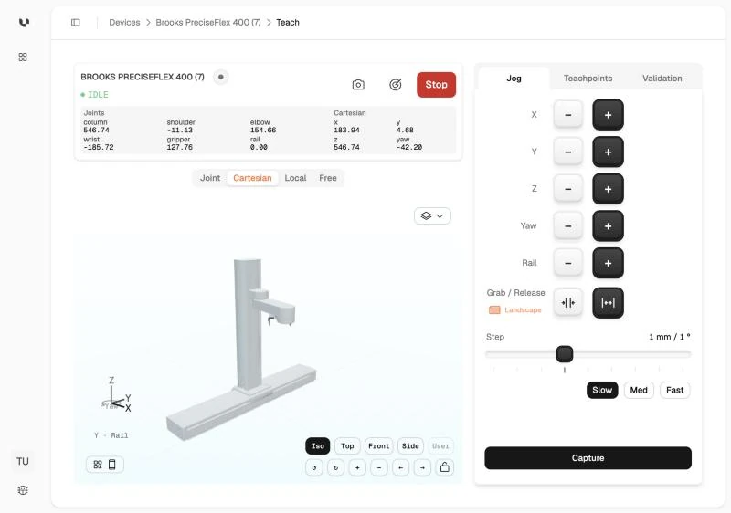 The Teach view: live joint and Cartesian readout, 3D model of the arm, and the Jog tab
